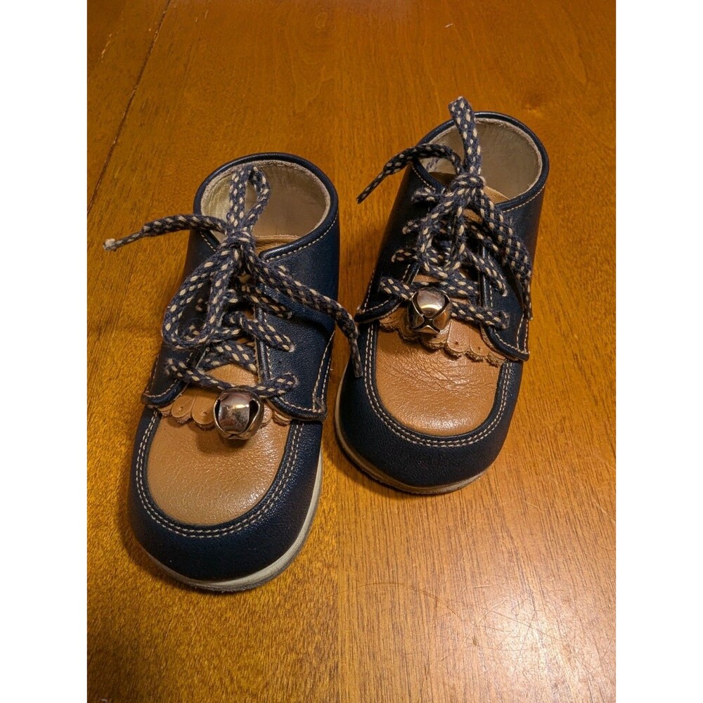 Vtg Stride Rite Baby Shoes Leather Kiltie Fringe Jingle Bell Navy Tan 3.5 D